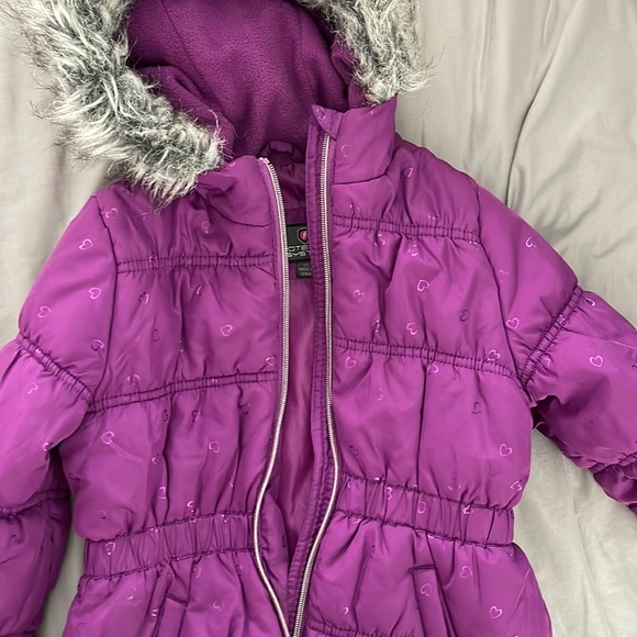 Purple Hooded Puffer Coat with Fur Trim - Picture 2 of 8